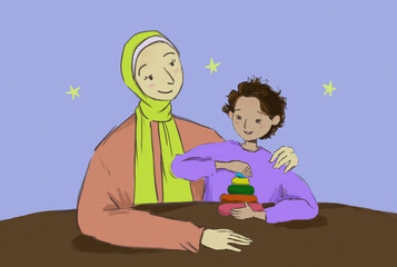 A smiling woman in a hijab sits with a child who is playing with a stack of colorful rings.