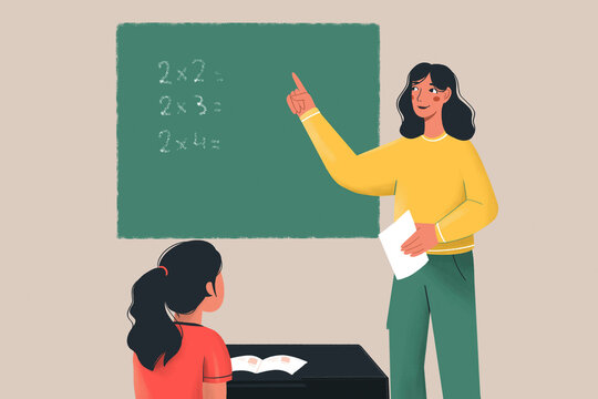 A smiling teacher stands beside a blackboard with multiplication problems, pointing upwards, as a student seated at a desk looks on attentively.