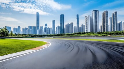 Fototapeta premium Striking Cityscape with Towering Skyscrapers and Curved Road