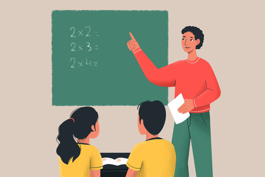 An illustration of a teacher explaining math to two students in front of a chalkboard.