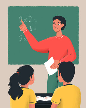 Teacher stands by a chalkboard explaining a math problem to attentive students in a classroom setting.