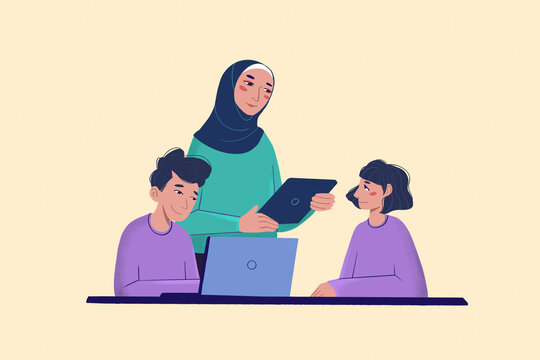 A woman wearing a hijab shows a tablet to two children who are looking at a laptop together.