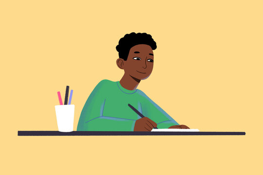 Illustration of a young person writing in a notebook with a cup of pencils beside them on a desk.