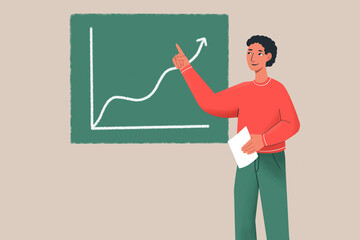 A man presenting a growth chart on a board with a positive trend.
