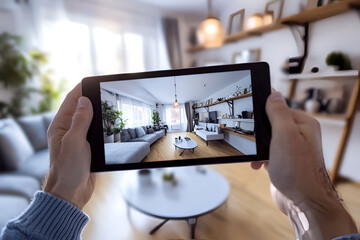 Person holding a tablet showing a modern living room interior