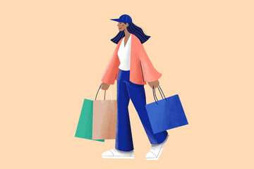 Stylish woman in a blue hat and jeans carrying shopping bags on a plain background.