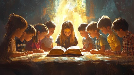 kids gathering for a prayer meeting with an open Bible, sharing faith and engaging in scripture study, creating a nurturing environment for Christian teaching and worship