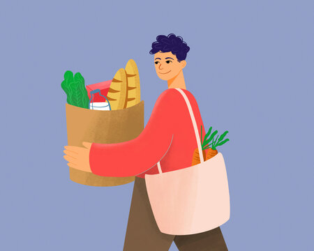 Smiling person carrying a grocery bag full of fresh produce and a baguette.