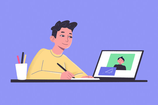 An illustrated young man working on a laptop at a desk with writing tools, smiling gently as he looks at the screen displaying a video call.