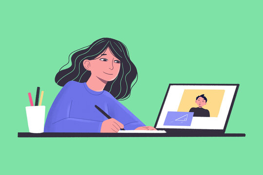 A smiling woman illustrating on a digital tablet while looking at a laptop screen with an image of a person displayed.