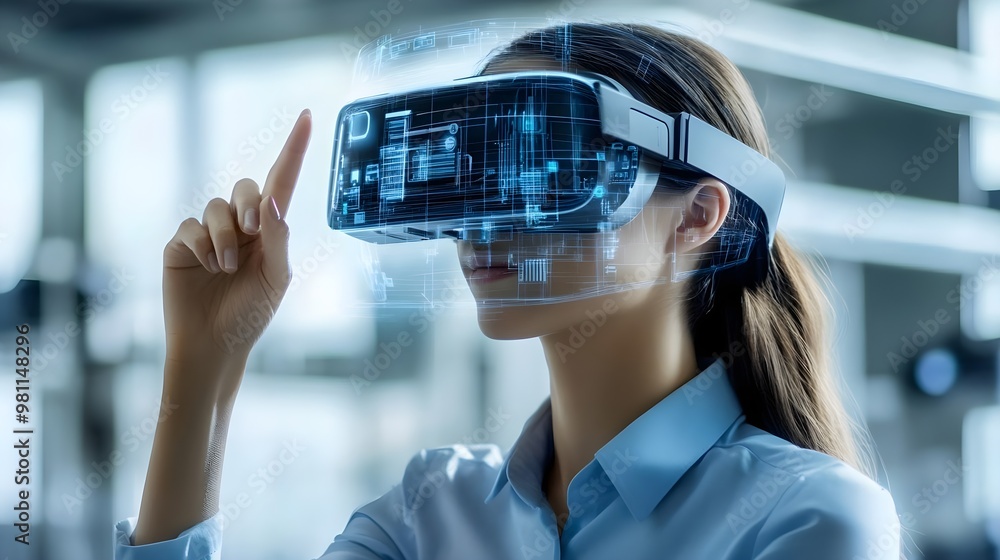 Poster a woman using a virtual reality headset, exploring digital environments and technology advancements 