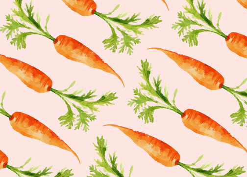 Orange carrots with green tops on a pink background in a repeating pattern.