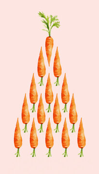 A group of watercolor carrots arranged in an inverted triangle formation on a pastel background.