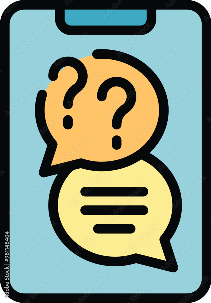 Poster online chatting concept with a smartphone displaying two chat bubbles, one with question marks and t