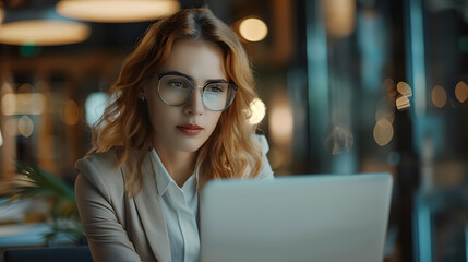 Confident businesswoman working on laptop at her workplace at modern office. Blurred background