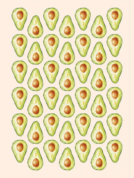 Sliced avocados arranged in a symmetrical pattern on a pale background.