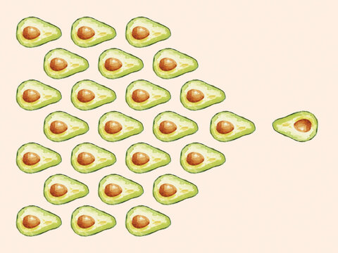 Halved avocados arranged in a triangular pattern on a light pink background.