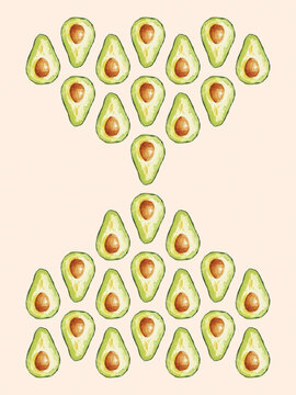 Avocado halves arranged in a symmetrical arrow pattern on a pale background.
