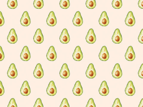 Seamless pattern of illustrated avocado halves on a light pink background.