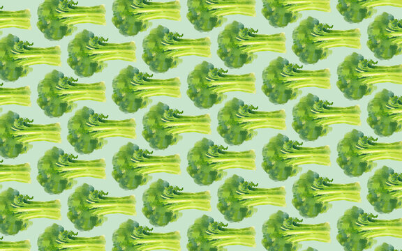 Seamless pattern of green watercolor lettuce heads on a light green background.