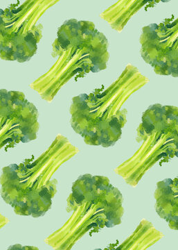 Fresh broccoli heads and stalks painted in watercolors, arranged in a seamless pattern on a light green background.