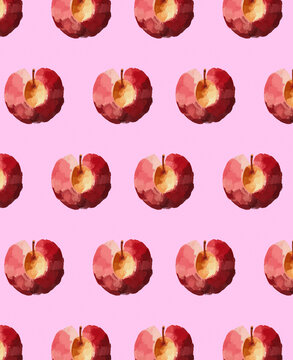 Seamless pattern of red apples on a pink background in watercolor style.