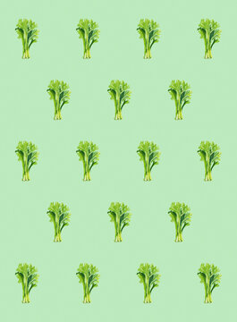 A collection of fresh green lettuce heads arranged in a neat pattern on a pastel mint background.