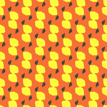 Seamless pattern of stylized yellow roses and green leaves on a vibrant orange background.