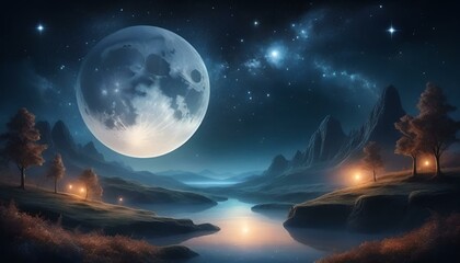 Stunning night landscape with a full moon, stars, and glowing lanterns by the river