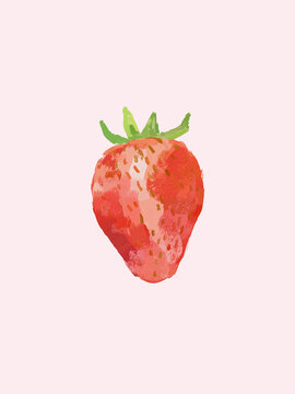 Watercolor illustration of a ripe strawberry on a soft pink background.