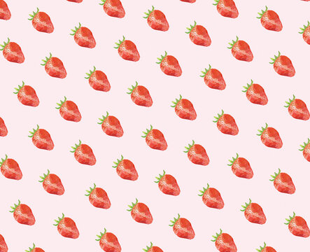 Seamless pattern of hand-painted strawberries on a pink background.