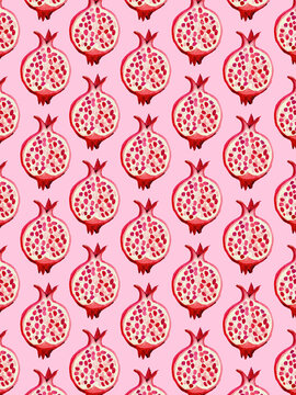 Seamless pattern of stylized pomegranates on a pink background.