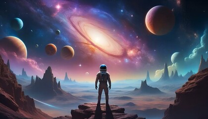 Astronaut exploring a vibrant alien landscape with planets and galaxies in the background