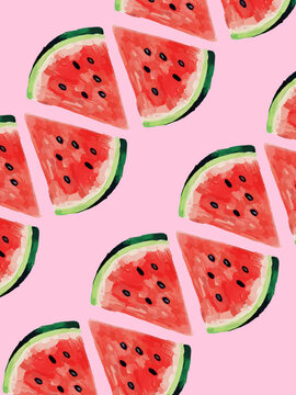 Slices of watermelon on a pink background arranged in a random pattern.