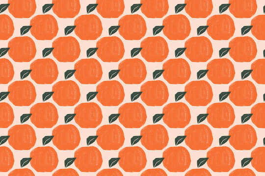 Seamless pattern of stylized oranges with green leaves on a pale background.