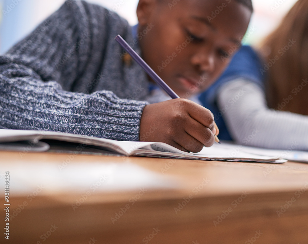 Poster Book, writing and boy in classroom for lesson in growth, child development and notebook for education. Problem solving, learning and students with exam notes, knowledge and study at elementary school