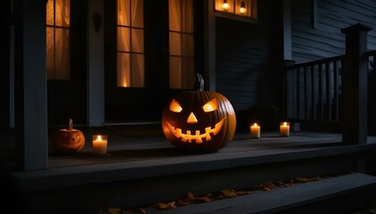 Obraz premium Spooky Halloween scene with carved pumpkins and candles on a porch at night 