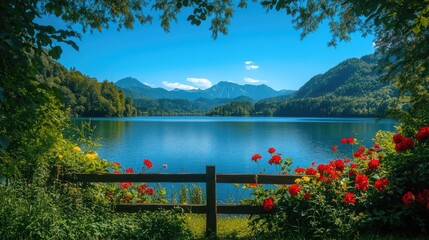 Scenic mountain lake framed by colorful flowers, lush greenery, and a wooden fence, with a clear blue sky completing the idyllic background