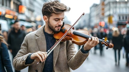 A young man playing a violin passionately in a bustling city street, captivating passersby with his musical talent.
