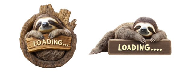 Set of Sloth Sleeping on Loading Icon with 'LOADING....' Text | Cute Minimalist Design Isolated on transparent Background