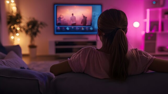 A young person relaxing on a couch, enjoying a movie night at home with colorful ambient lighting and a large TV screen.
