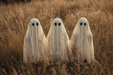 Funny people kids animals wearing halloween ghost costume celebrating, Generative AI