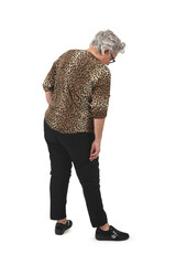 back view senior woman standing  and look down on white background