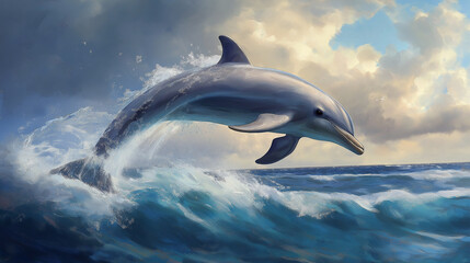 A playful dolphin leaping out of the water, droplets flying off its slick body as it jumps into the air  
