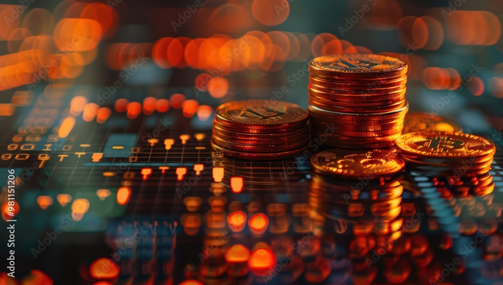 Poster a stack of bitcoin coins on top of an interactive digital trading board with stock market charts and
