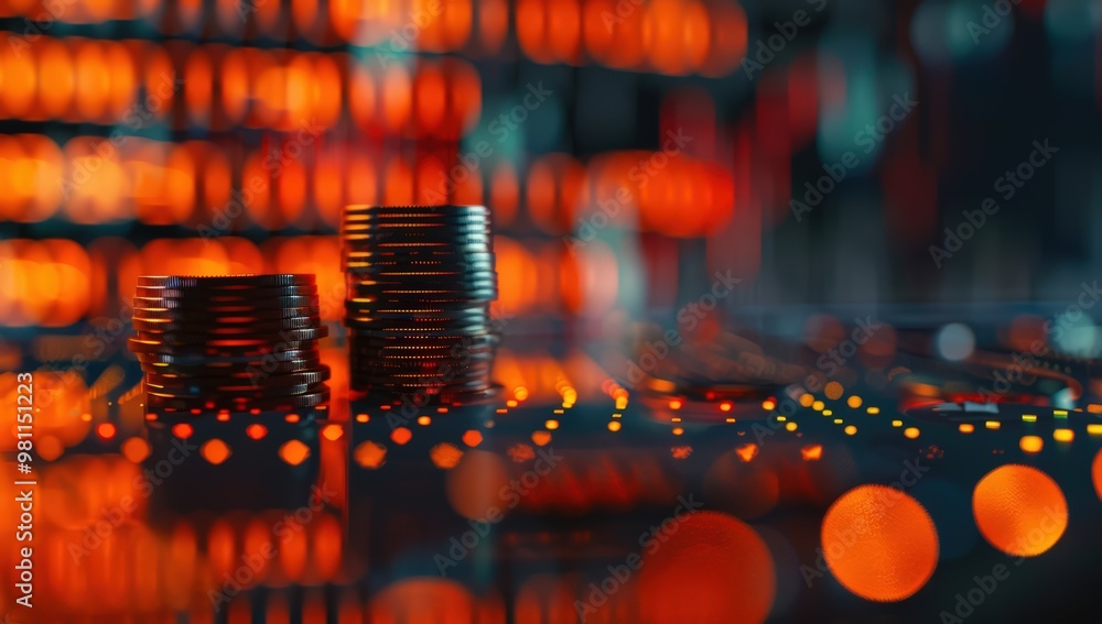 Poster a stack of bitcoin coins on top of an interactive digital trading board with stock market charts and