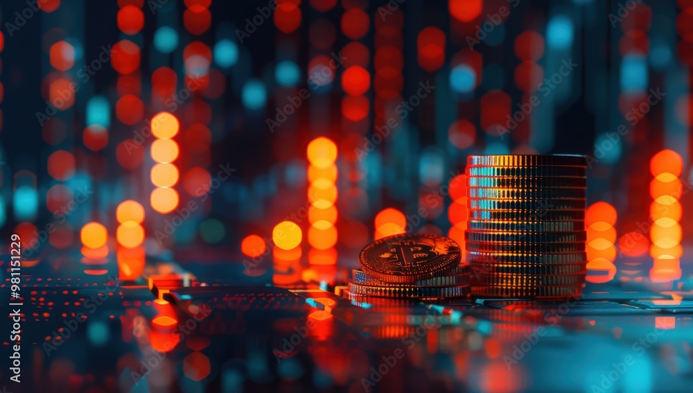 Poster a stack of bitcoin coins on top of an interactive digital trading board with stock market charts and