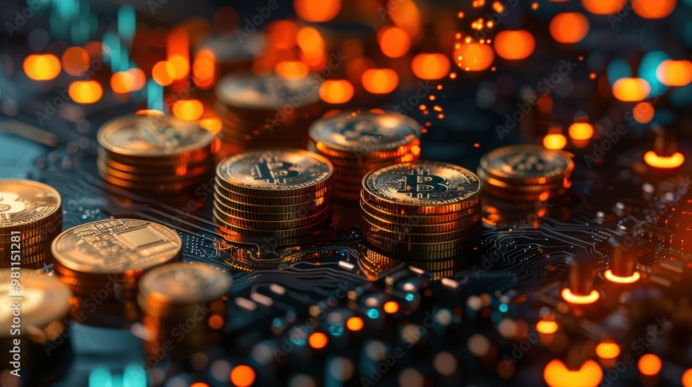 Poster a stack of bitcoin coins on top of an interactive digital trading board with stock market charts and