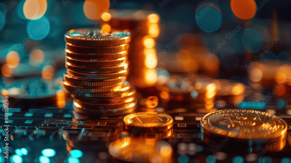 Poster a stack of bitcoin coins on top of an interactive digital trading board with stock market charts and