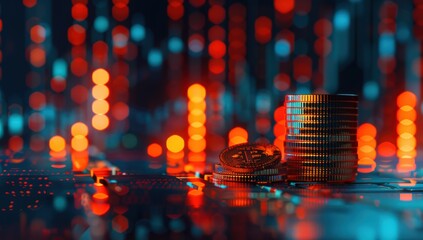 A stack of bitcoin coins on top of an interactive digital trading board with stock market charts and numbers 